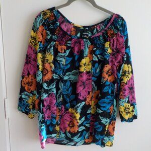Rafaella Blouse - Large - Cotton -Bright Multi Floral Smocking 3/4 Sleeve  (694)